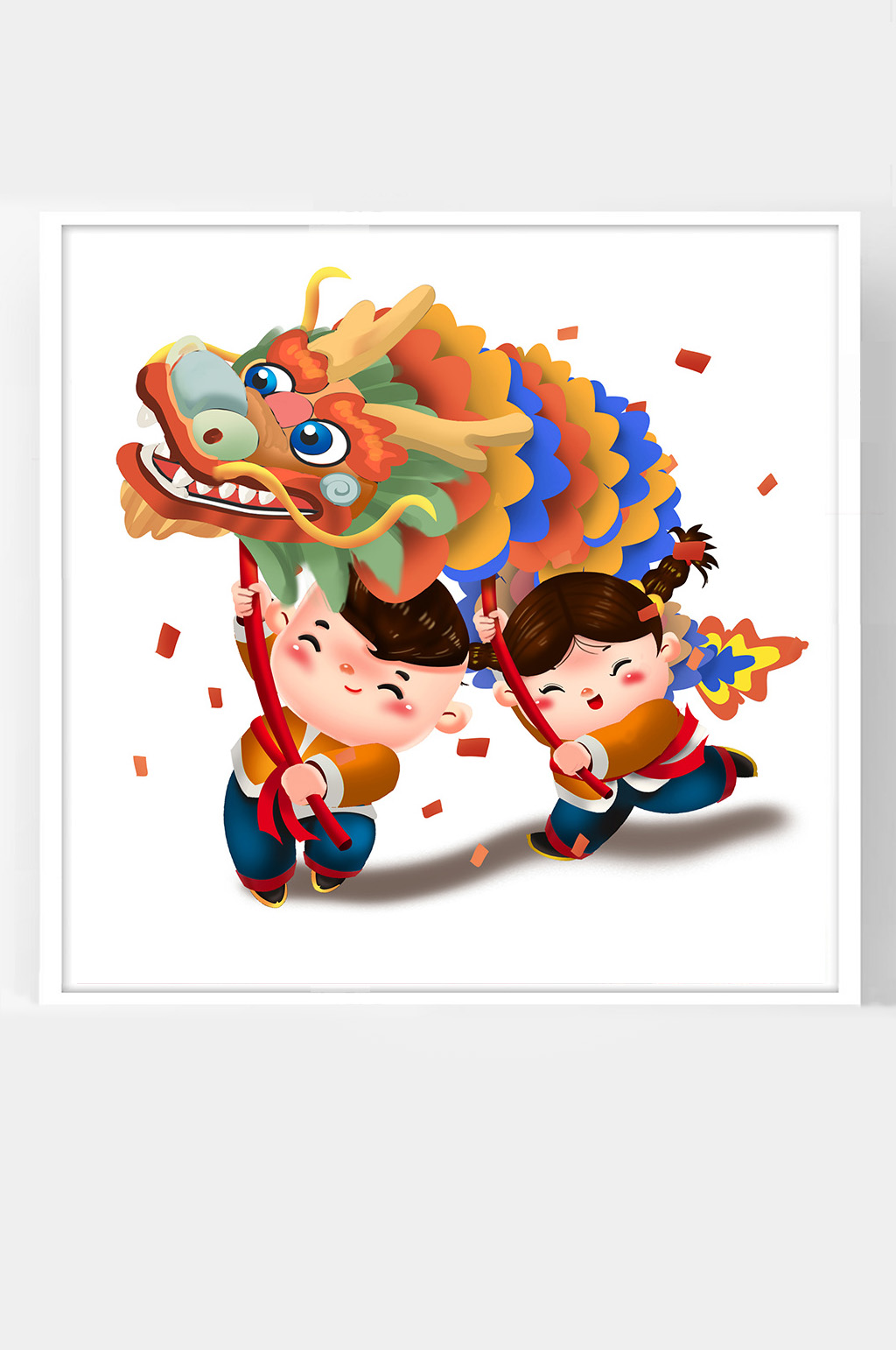 舞龙竖版插图素材立即下载春节卡通老虎舞狮子虎年插画红色新中式喜庆