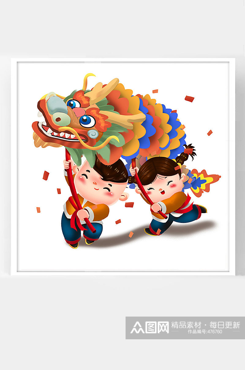 中国春节牛年新年卡通插画可爱福娃舞龙灯素材