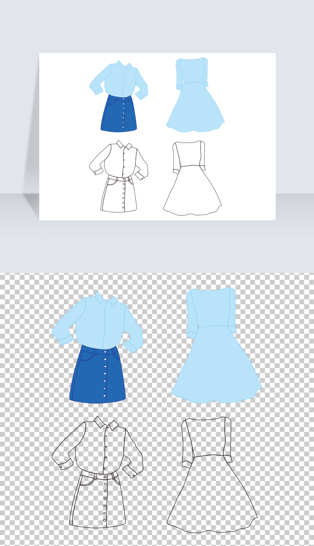 蓝色裙子服饰线稿素材