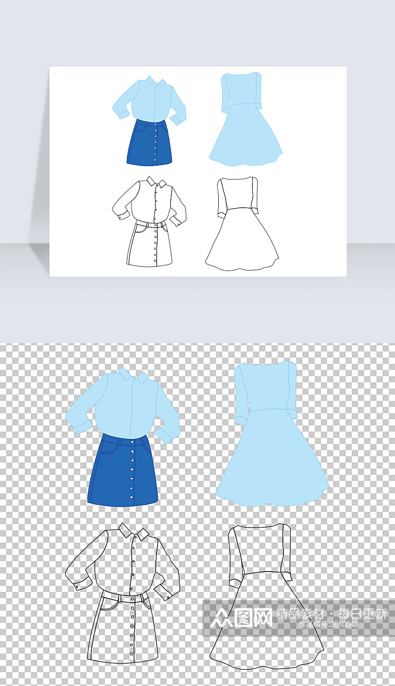 蓝色裙子服饰线稿素材