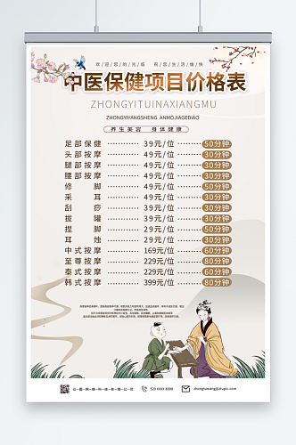 中国风中医馆养生馆保健项目价目表海报