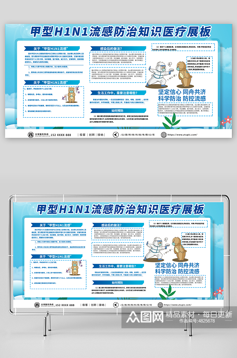 蓝色甲型H1N1流感防治知识医疗展板素材