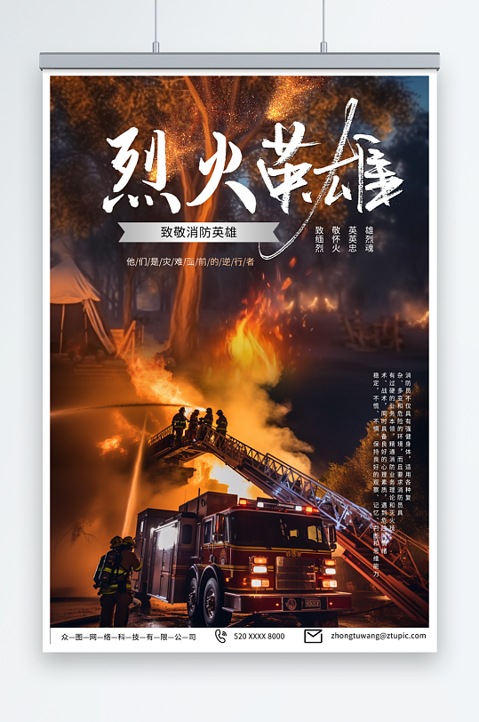 创意致敬消防员烈火英雄消防安全宣传海报-众图网