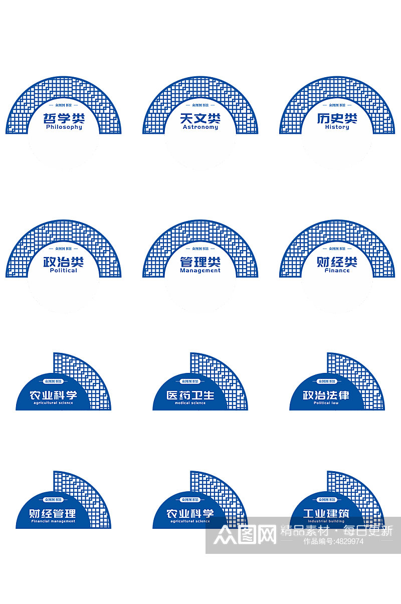 中国风校园图书馆书架分类门牌素材