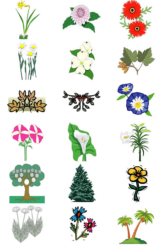 绘画卡通花草与花叶免抠图透明png素材