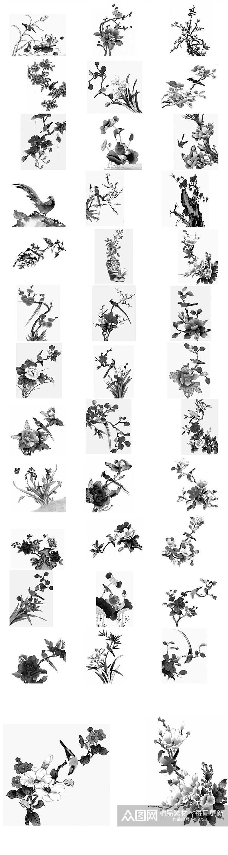 黑白色水墨花鸟素材免抠PNG透明图片素材