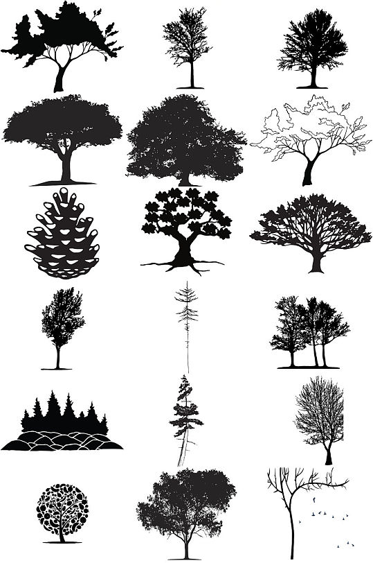 黑白树剪影免抠png透明素材