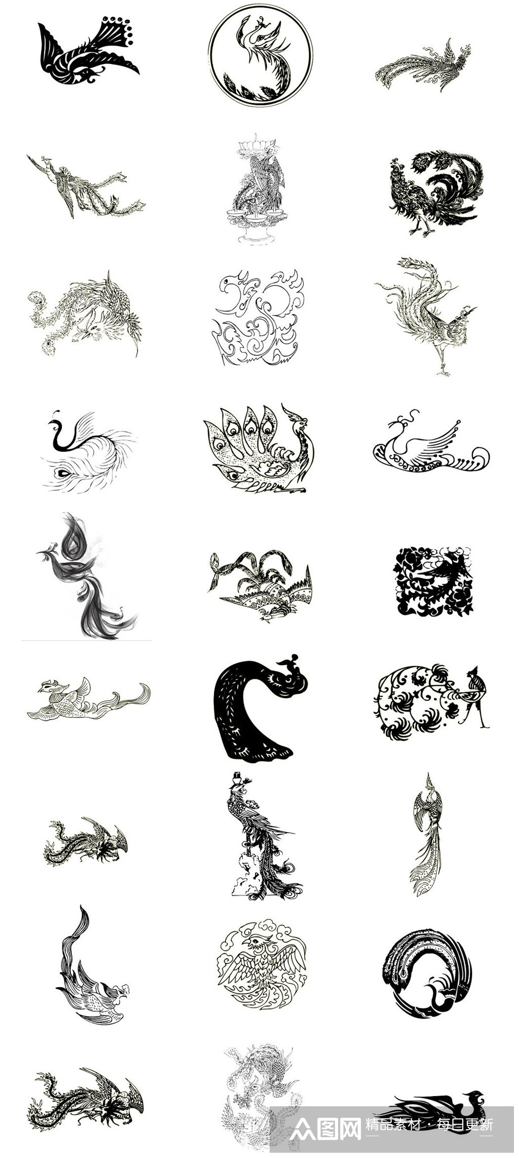 黑白线凤凰免抠png透明素材