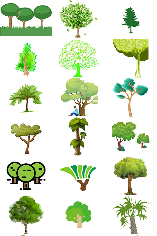 免抠绿树卡通设计素材打包下载
