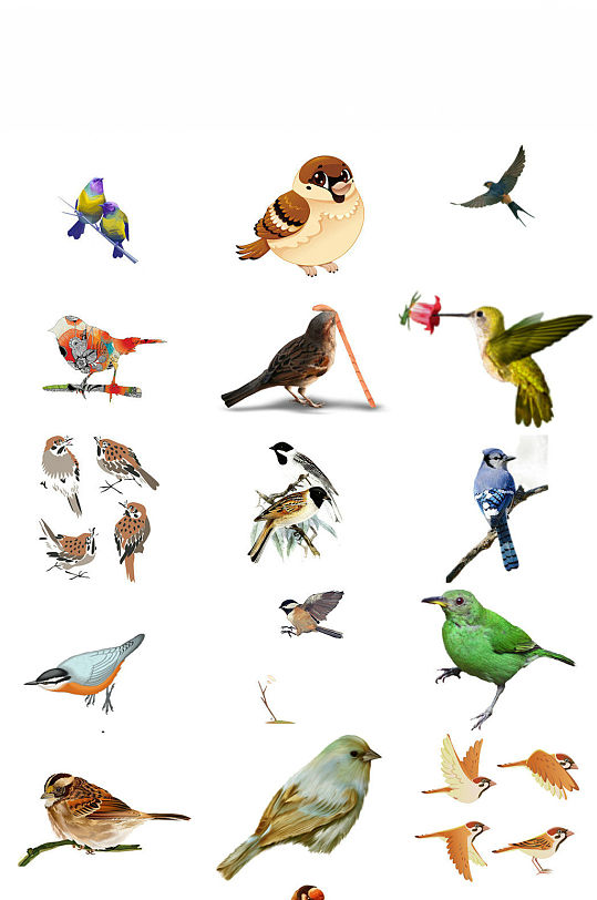 麻雀装饰画卡通麻雀装饰素材立即下载灰蓝麻雀日系卡通图案矢量素材