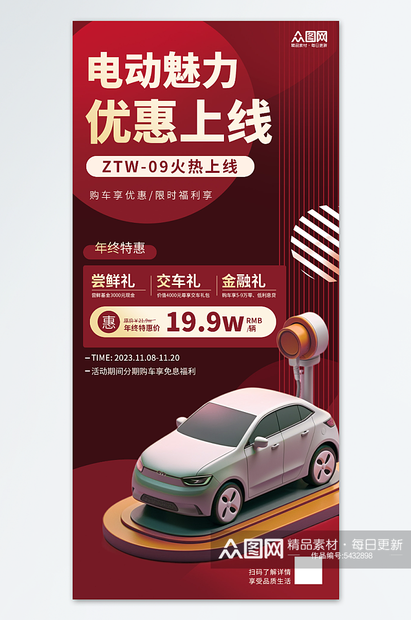 红色大气新能源汽车优惠促销宣传海报素材