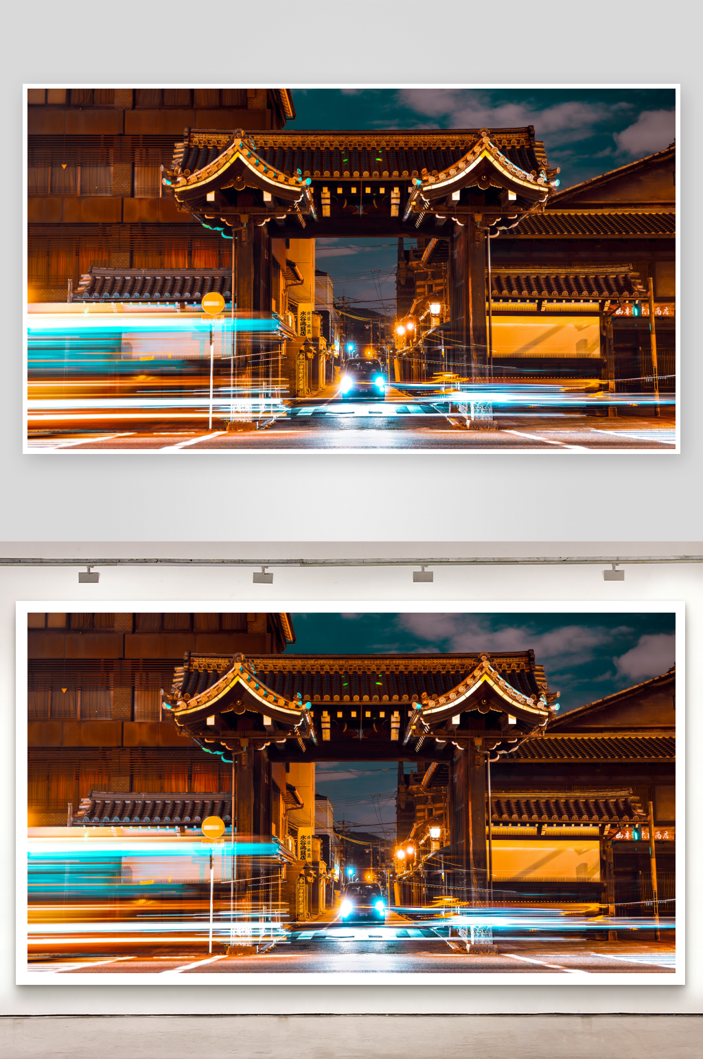 夜幕下古建筑与车流光影素材