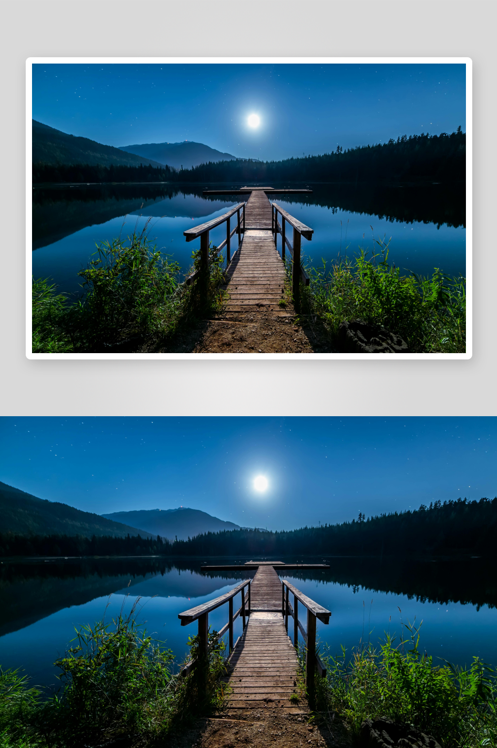 月夜湖畔木栈道静谧美景素材