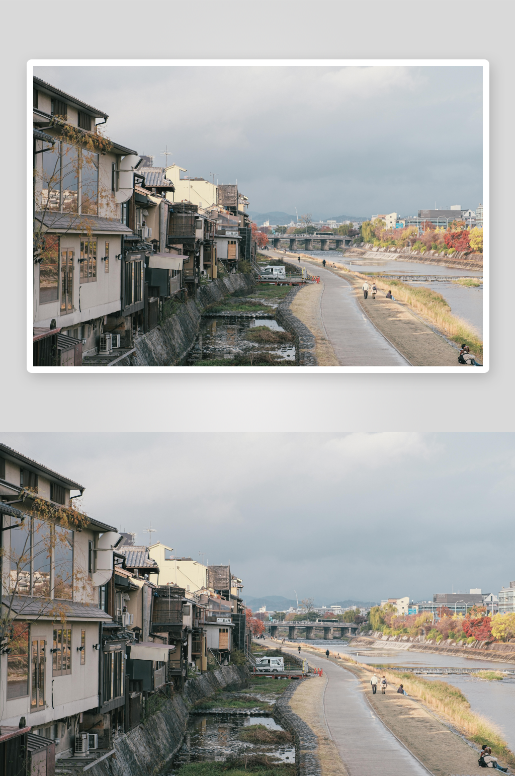 河边古建筑与行人漫步素材
