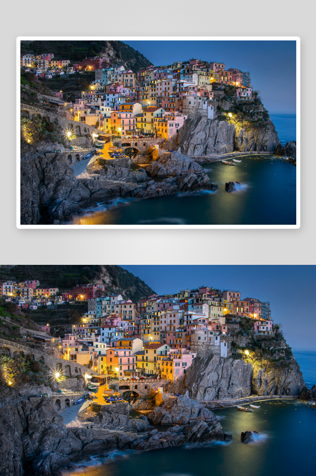 海滨悬崖彩色建筑夜景素材