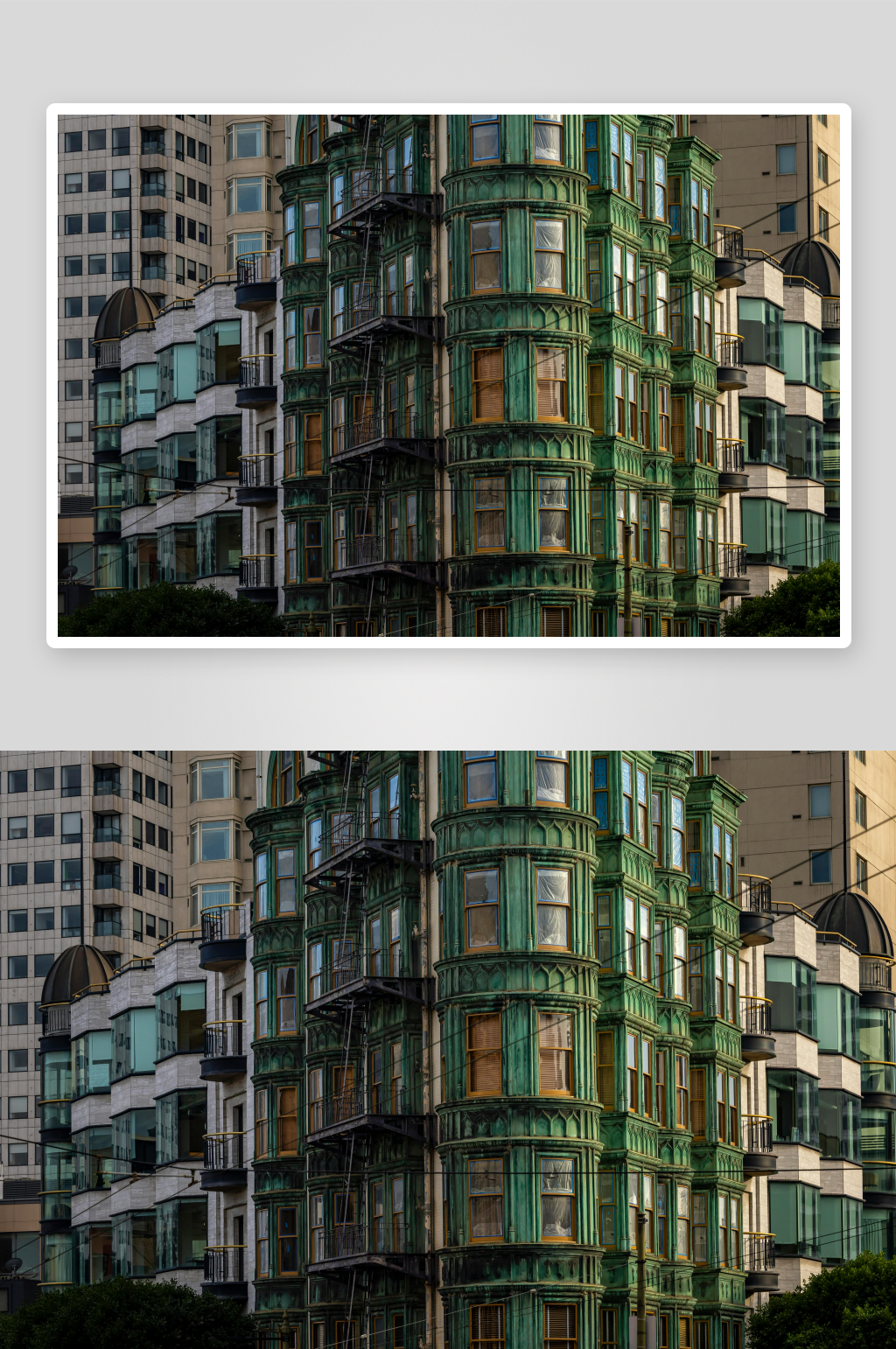 绿色复古建筑与现代高楼对比素材