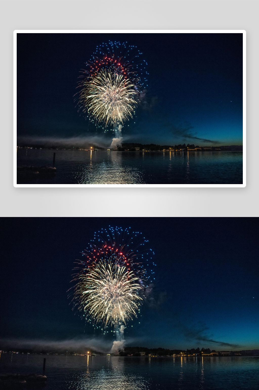 夜空烟花绽放湖面倒影素材