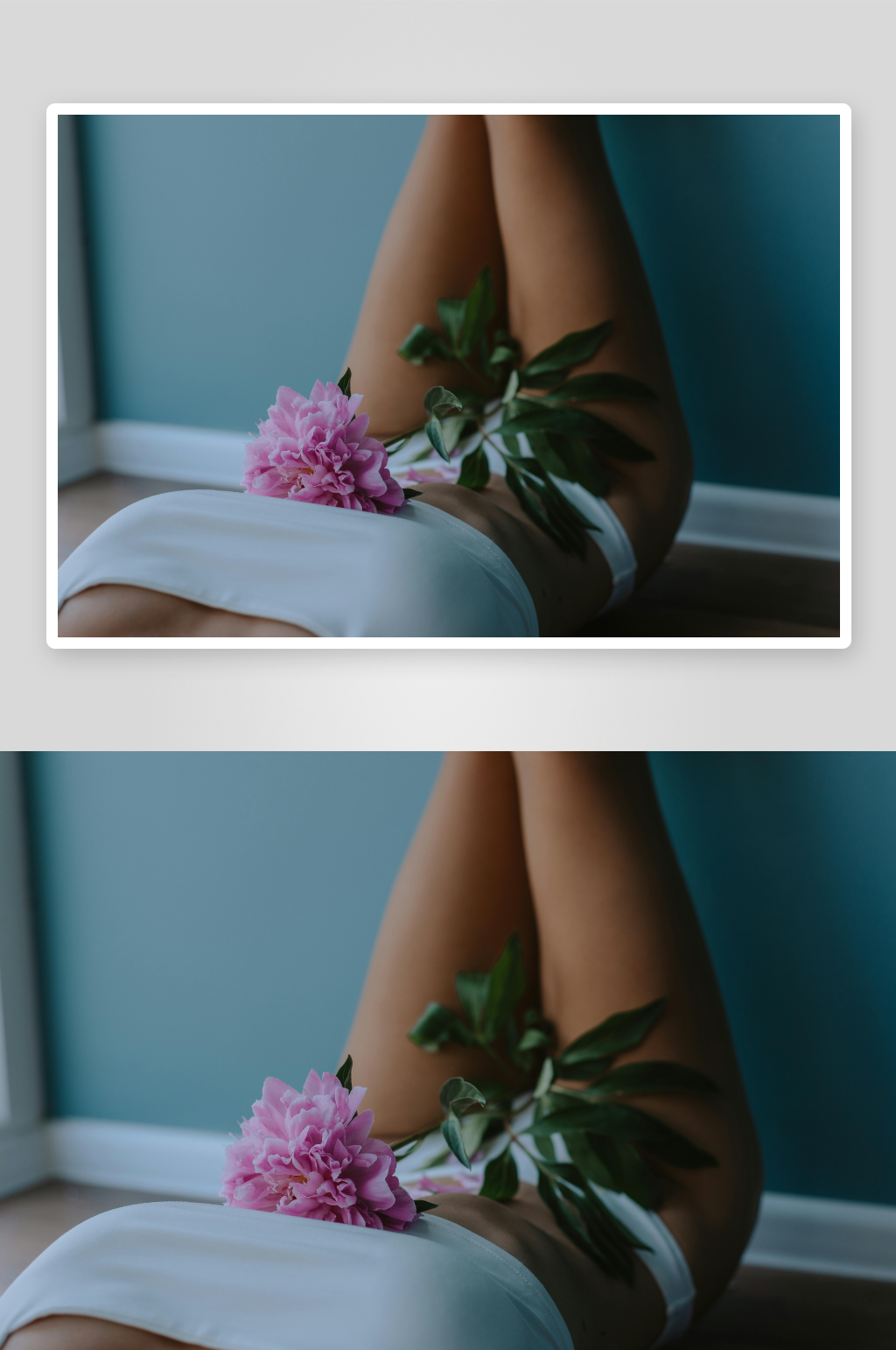 女性侧卧花饰腿部特写素材