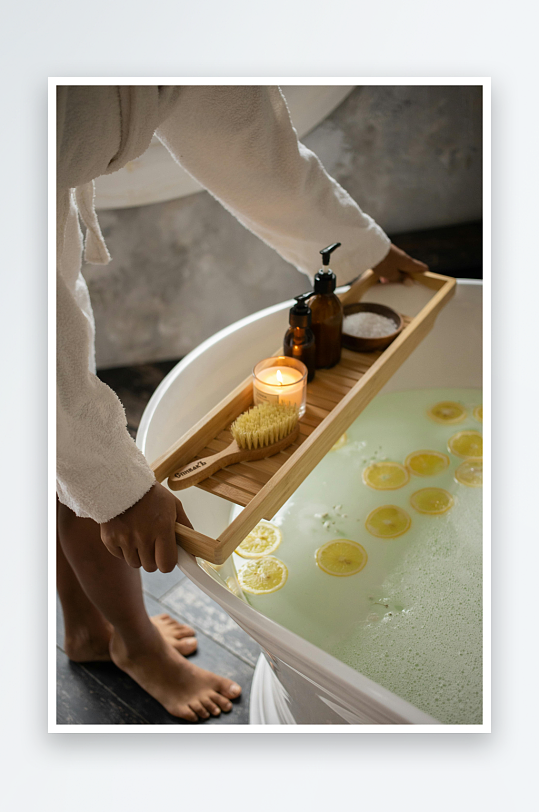 浴缸旁手持托盘享受泡澡-众图网