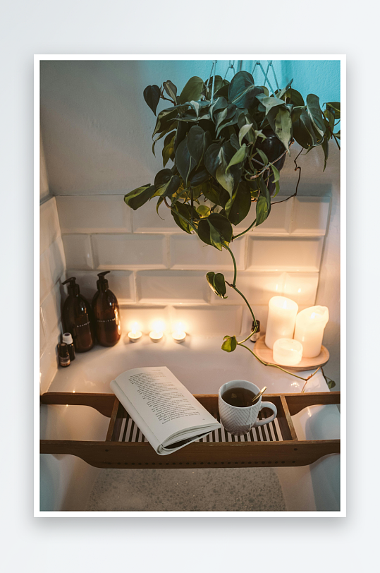 浴缸边绿植与烛光营造的宁静氛围-众图网