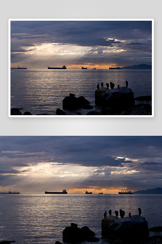 海上日落船影照片-众图网