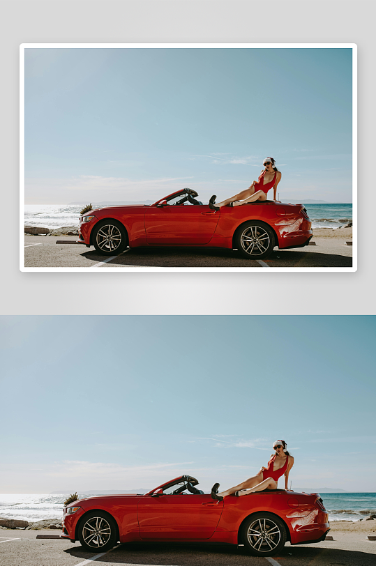 海滩边红跑车与女子-众图网
