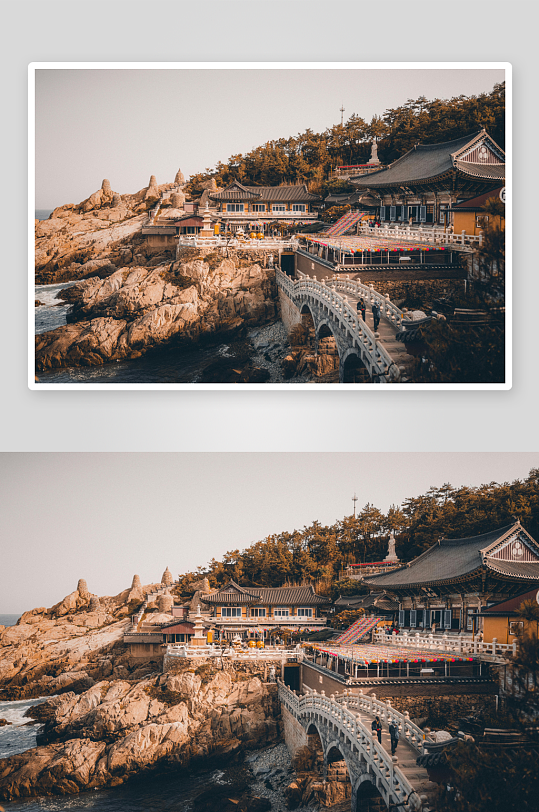海边古寺与石桥风景-众图网