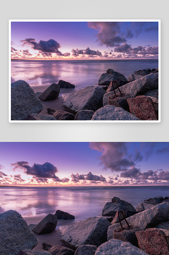 海边日落云霞映石滩-众图网