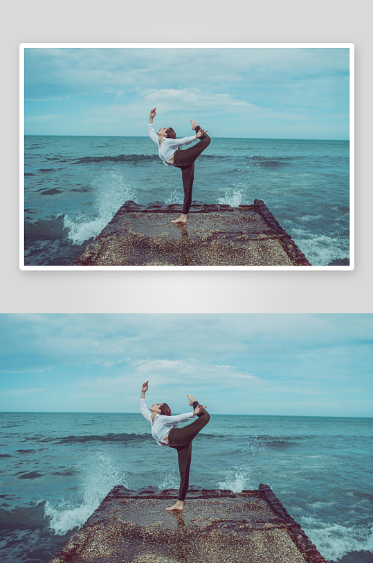 海边栈桥上女子瑜伽姿势-众图网