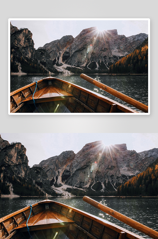 湖畔山峦日出木船视角-众图网