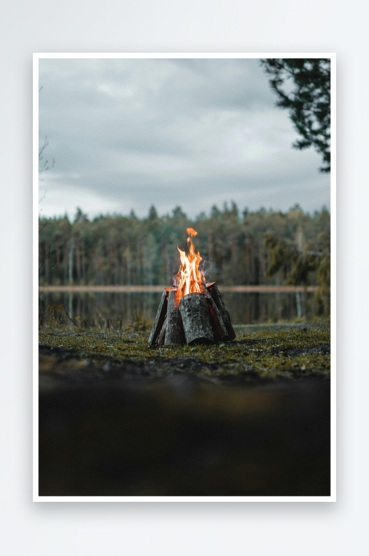 湖畔林间篝火夜景-众图网