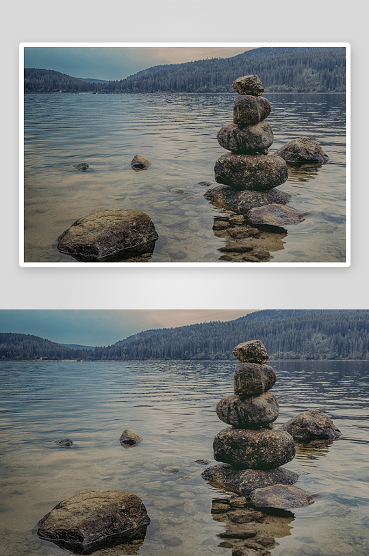 湖边叠石静景照片-众图网