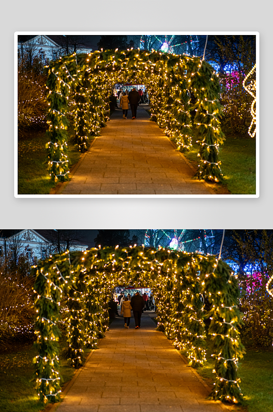灯光装饰拱门下漫步夜景-众图网