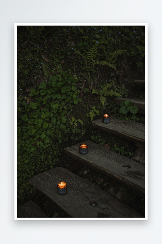烛光映衬下的木质台阶与绿植-众图网