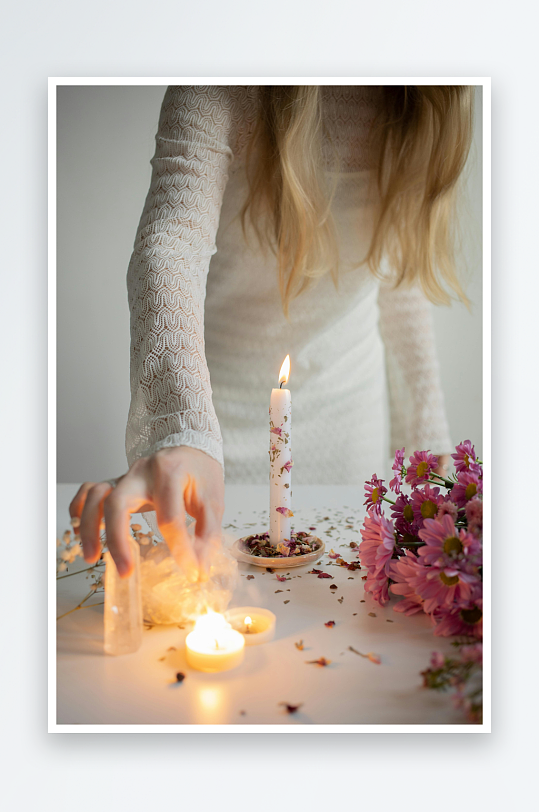 烛光花束与手部特写-众图网