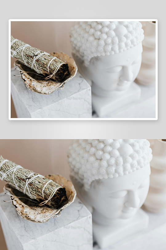 白色佛像与香草摆件静物-众图网