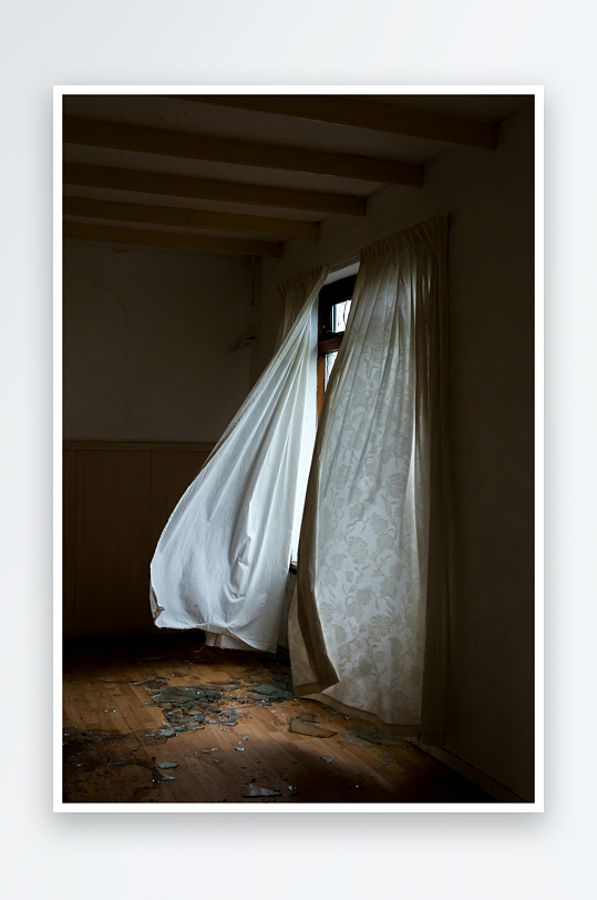 破窗室内窗帘飘动光影交错-众图网