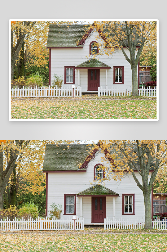 秋日白墙红窗小屋-众图网