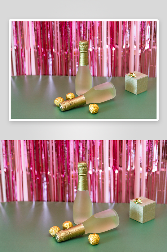 粉色背景下的香槟与礼物-众图网