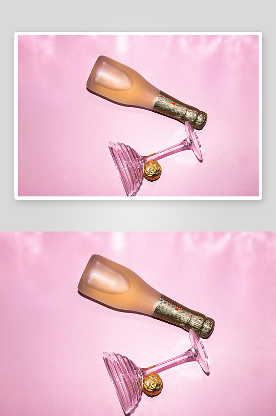 粉色背景下的香槟与酒杯-众图网