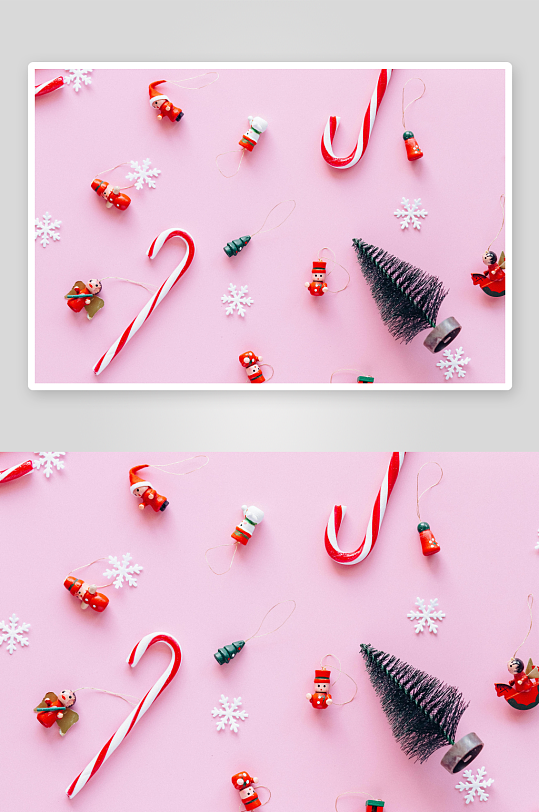 粉色背景圣诞装饰品俯拍图-众图网