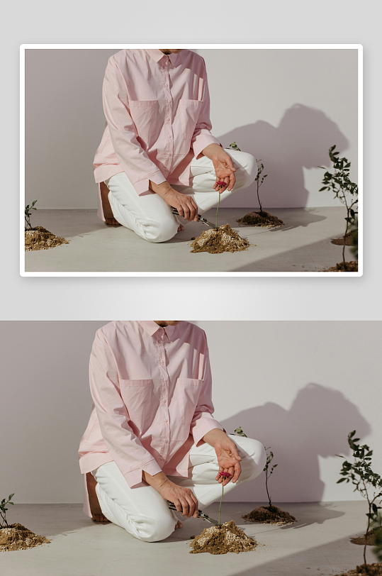 粉色衣人蹲地栽种小花-众图网