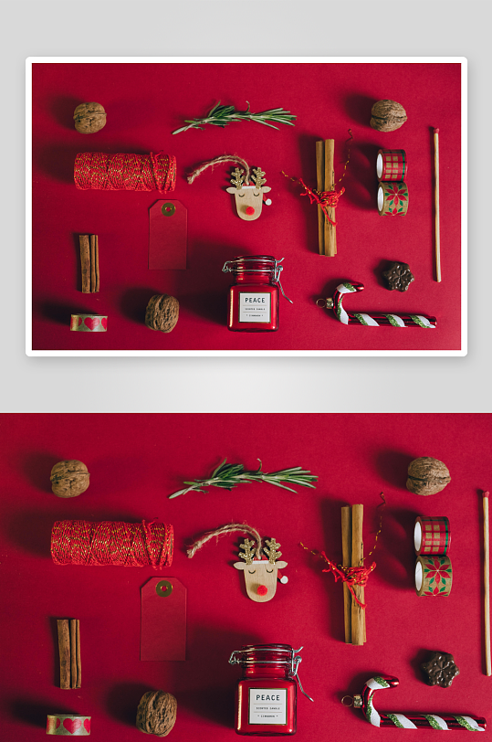红色背景圣诞装饰品静物-众图网