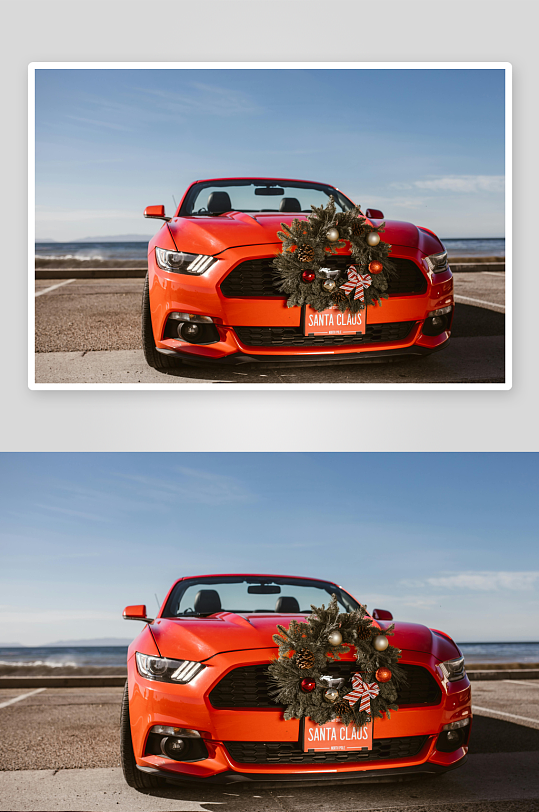 红色跑车装饰圣诞花环-众图网