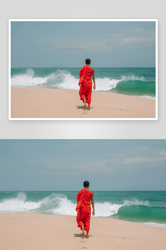 红衣僧人海边漫步-众图网