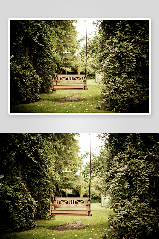 绿植环绕的木质秋千-众图网