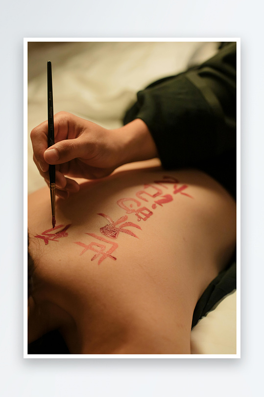 背部用毛笔书写红色文字-众图网