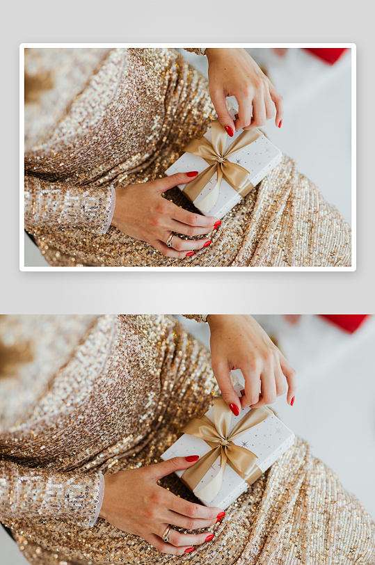 金色礼服女子手捧礼物盒-众图网