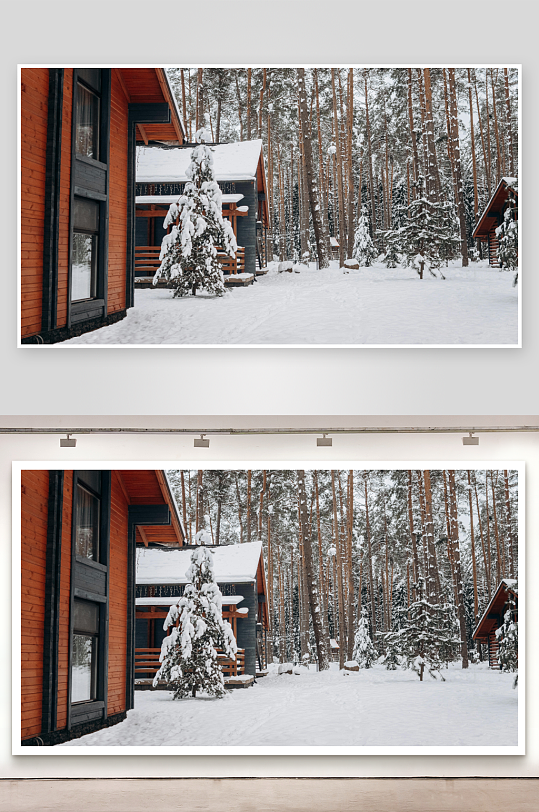 雪中木屋与松林静景-众图网