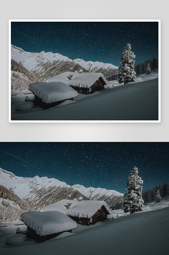 雪夜星空下的雪山木屋-众图网